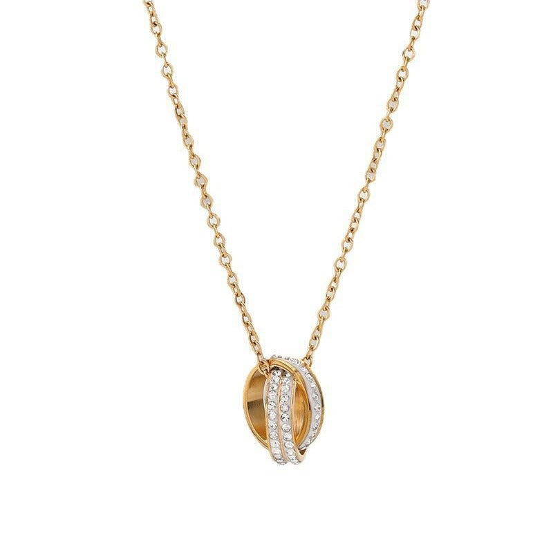 Women Titanium Steel Rose Gold Double-Loop Necklace With Full Diamond Setting